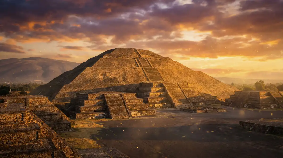 Vista panorámica de las pirámides de Teotihuacán al atardecer representando la grandeza de BetMexico VIP