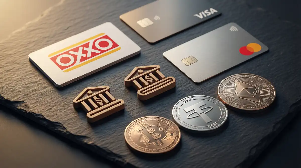 Métodos de pago disponibles incluyendo OXXO, SPEI, tarjetas de crédito y criptomonedas